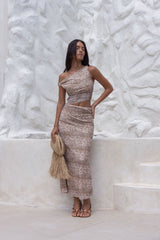 Luxe Explorer schulterfreies Maxikleid Braun