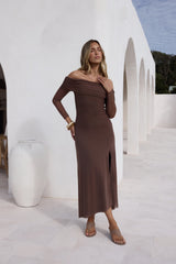 Horizon Luxe schulterfreies Maxikleid Coffee
