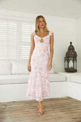 Florales Midikleid mit ruhigen Blütenblättern in Pink