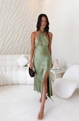 In My Feelings Satin Maxikleid Olive