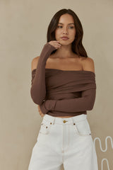 Autumn Dreamer Langarm Off-Shoulder Top Braun