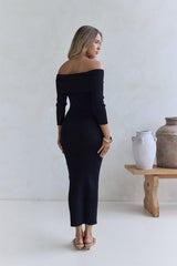 Kühles, luxuriöses schulterfreies Strickmaxikleid Schwarz