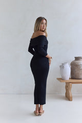Kühles, luxuriöses schulterfreies Strickmaxikleid Schwarz