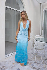 On The Stage Netz-Neckholder-Maxikleid Blau