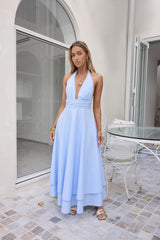Frühlingsblüten Neckholder Maxikleid Blau