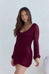 Rosy World Langärmeliges Strick-Minikleid Weinrot