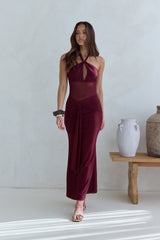 Taste Of Luxe Neckholder-Maxikleid aus Mesh, Burgund