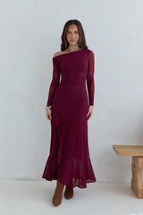 Whispered Secrets Maxi-Langarmkleid aus Mesh in Weinrot