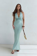 Destinations Maxikleid aus Satin mit Neckholder, Salbeigrün