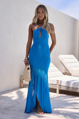 Crystal Glow Mesh Neckholder Maxikleid Blau