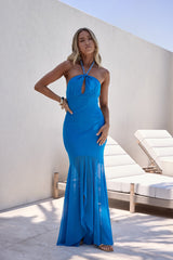 Crystal Glow Mesh Neckholder Maxikleid Blau