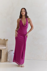 Stufen-Mesh-Neckholder-Maxikleid Pflaume