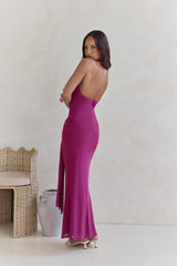 Stufen-Mesh-Neckholder-Maxikleid Pflaume