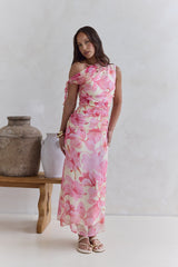 Hibiskus schulterfreies Maxikleid Pink