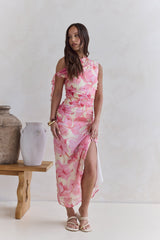 Hibiskus schulterfreies Maxikleid Pink