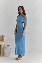 Noir schulterfreies Satin-Maxikleid in Blau