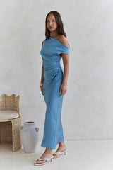 Noir schulterfreies Satin-Maxikleid in Blau