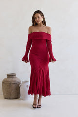 Here For Love schulterfreies Mesh-Maxikleid Rot