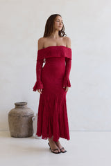Here For Love schulterfreies Mesh-Maxikleid Rot