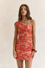 Mesh-Mini-Kleid mit One-Shoulder-Träger „Dance With You“ in Orange
