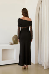 Camille Maxikleid aus Mesh mit Carmen-Ausschnitt, Schwarz