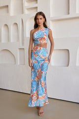 When In Bloom One-Shoulder Maxikleid Blau
