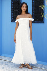 Sunset Waves schulterfreies Maxikleid gebrochenes Weiß