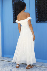 Sunset Waves schulterfreies Maxikleid gebrochenes Weiß