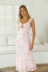 Florales Midikleid mit ruhigen Blütenblättern in Pink