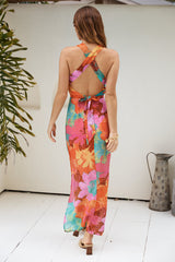Tropisches Halter-Maxikleid Pink