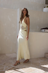 "Call Me Yours" Spitzen Neckholder Satin Maxikleid Zitrone