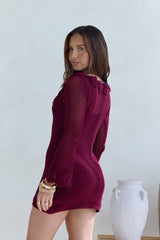 Rosy World Langarm-Strickminikleid Weinrot