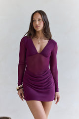 Leuchtende Nächte Langarm-Mesh-Minikleid Pflaume