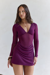 Leuchtende Nächte Langarm-Mesh-Minikleid Pflaume