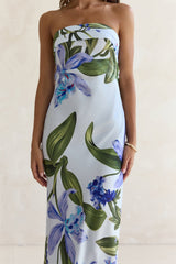 Bells Of Spring Trägerloses Satin-Maxikleid Blau