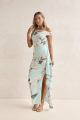Maxikleid mit Blumenmuster, Off Shoulder und Mesh, Mint