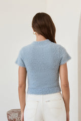 Old Money Hour Flauschiger Strick-Kurzarmpullover Blau