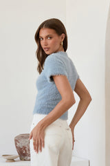 Old Money Hour Flauschiger Strick-Kurzarmpullover Blau