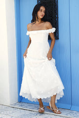 Sunset Waves schulterfreies Maxikleid gebrochenes Weiß