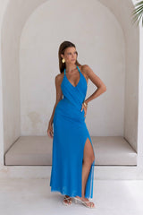 Kiss And Tell Mesh Halter Maxi Dress Blue